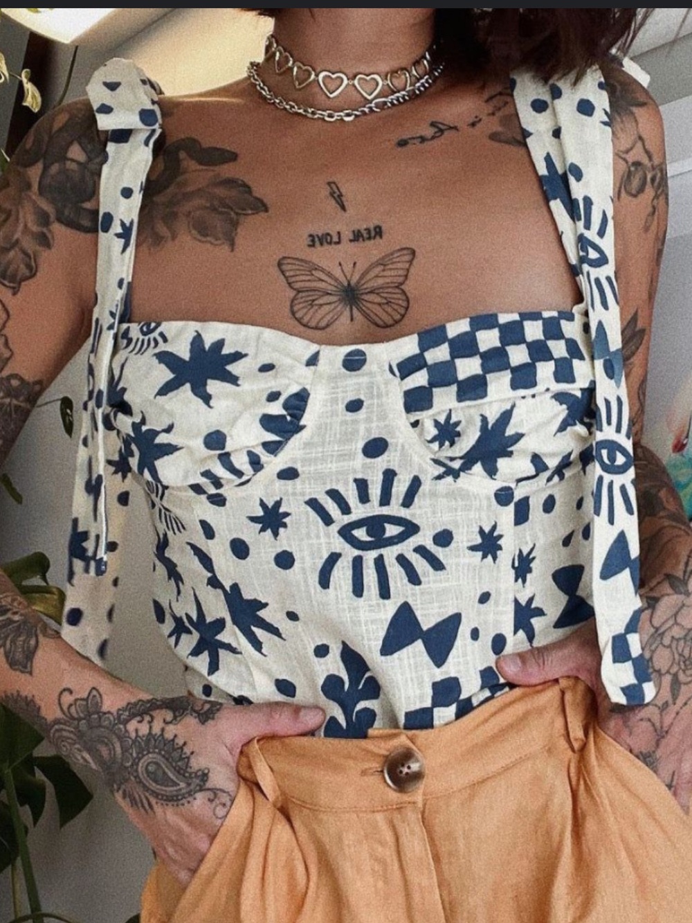VRG GRL Bohemian Eye-Print Tie-Strap Bustier Top - Blue and Cream